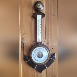 Nautical Ship Wheel Barometer in Brown and Gold